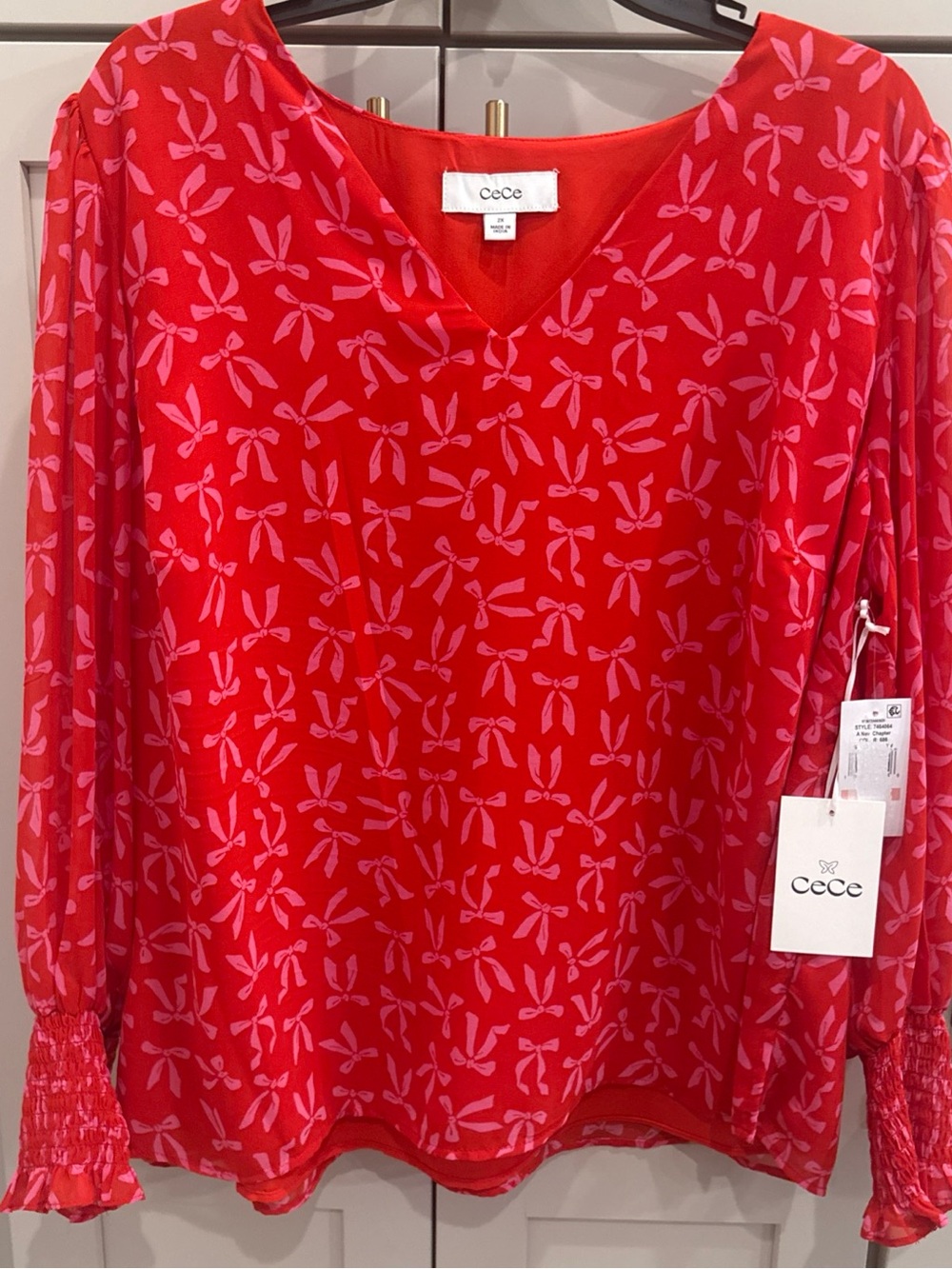 Cece Gauze Chiffon Top Bow Print in Scarlet Glow Women's 2X NEW